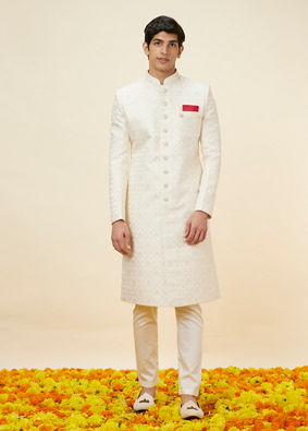 Pearl White Floral Jaal Patterned Sherwani Set image number 2